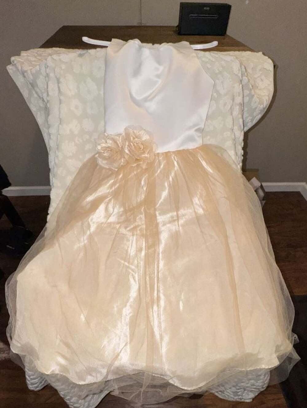 Petite Adele Ivory And Champagne Tulle Flower Girl Dress With Sash And Waist Flo
